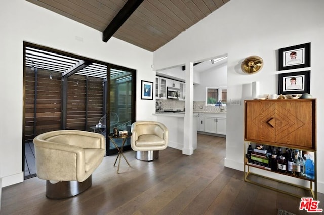 living area featuring beamed ceiling, wooden ceiling, high vaulted ceiling, and dark wood-type flooring