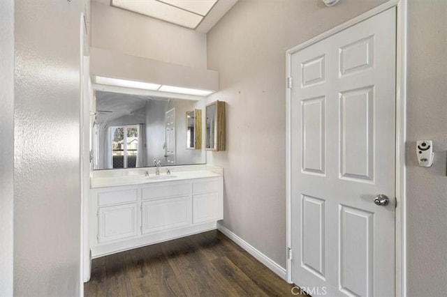 bathroom with wood-type flooring and vanity