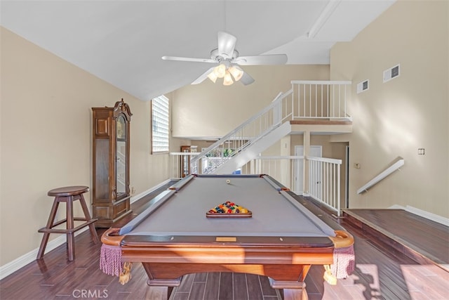 rec room featuring ceiling fan, a towering ceiling, and pool table