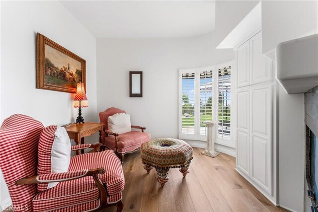 living area featuring a fireplace and light hardwood / wood-style floors