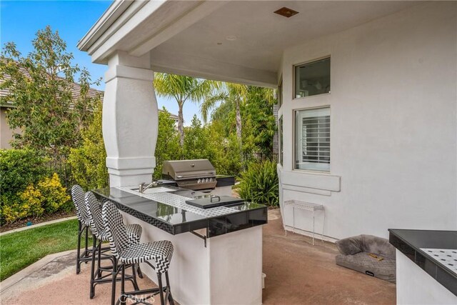 view of patio with area for grilling, exterior bar, and an outdoor kitchen