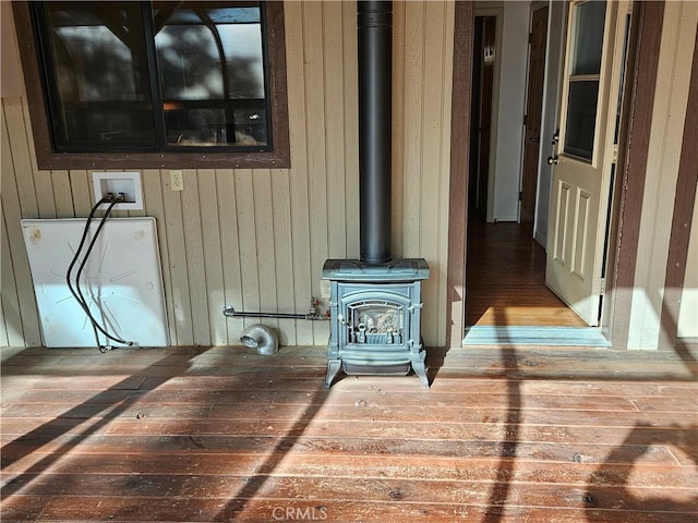 exterior details featuring a wood stove