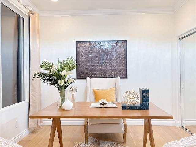 home office featuring crown molding and hardwood / wood-style floors