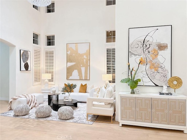 living area with hardwood / wood-style floors and a towering ceiling