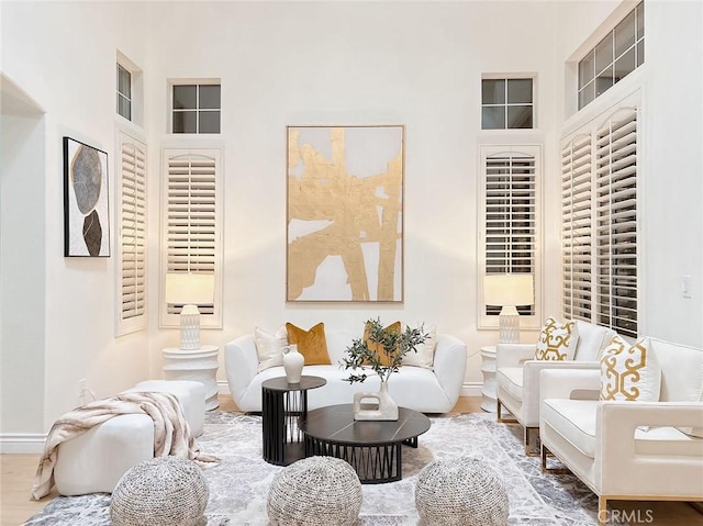 living area with hardwood / wood-style floors and a high ceiling