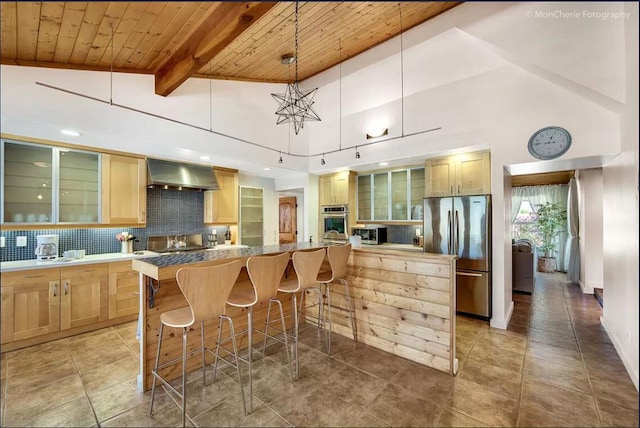 kitchen featuring decorative backsplash, wall chimney exhaust hood, stainless steel appliances, wooden ceiling, and a kitchen island