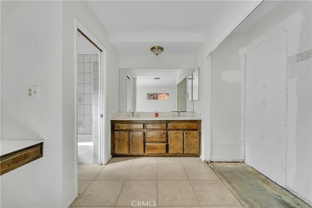 bathroom with tile patterned flooring, vanity, and shower / washtub combination