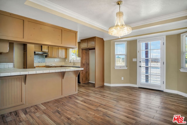 kitchen with kitchen peninsula, dark hardwood / wood-style flooring, tile counters, and ornamental molding