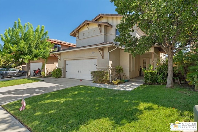 view of front of home with a front yard and a garage