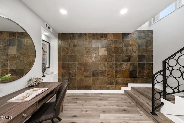 bathroom featuring recessed lighting, visible vents, tile walls, and wood finished floors