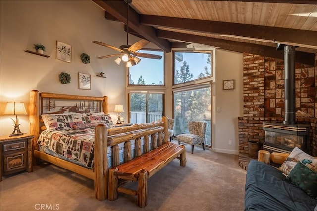 carpeted bedroom with beamed ceiling, high vaulted ceiling, ceiling fan, and wooden ceiling