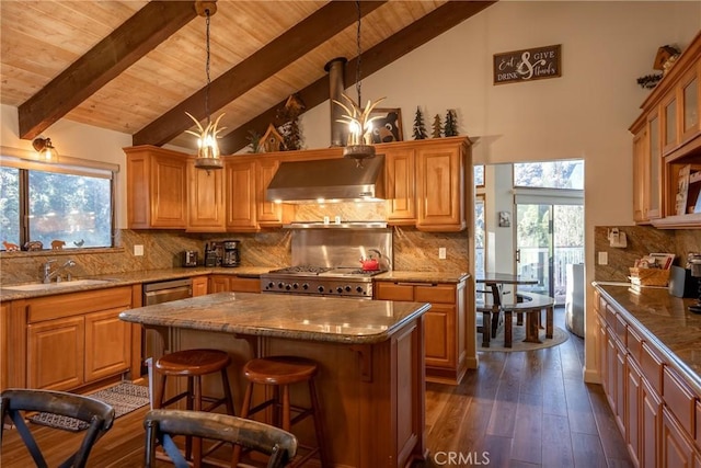 kitchen featuring backsplash, sink, stainless steel appliances, and wall chimney range hood