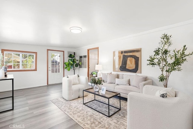 living room with light hardwood / wood-style floors and ornamental molding