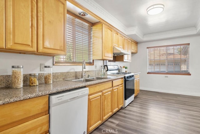 kitchen featuring dark hardwood / wood-style flooring, white appliances, a tray ceiling, and sink