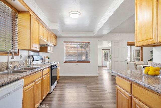 kitchen featuring gas stove, white dishwasher, sink, light brown cabinets, and dark hardwood / wood-style floors