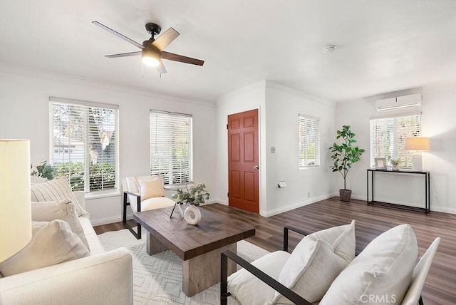 living room featuring a wall mounted air conditioner, dark hardwood / wood-style flooring, ceiling fan, and crown molding