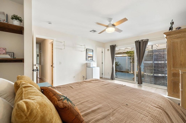 bedroom featuring access to exterior and ceiling fan