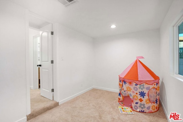 recreation room with light carpet