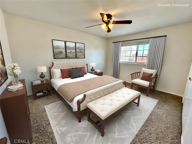 bedroom featuring ceiling fan and carpet flooring