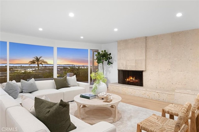 living room with a tiled fireplace and hardwood / wood-style flooring