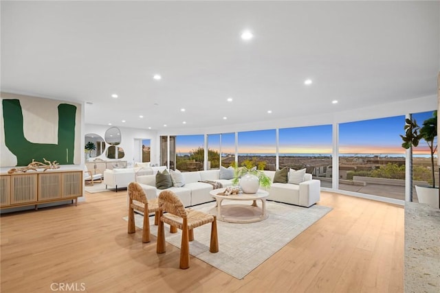 living room featuring light wood-type flooring and floor to ceiling windows