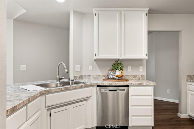 kitchen with kitchen peninsula, stainless steel dishwasher, dark wood-type flooring, sink, and white cabinetry