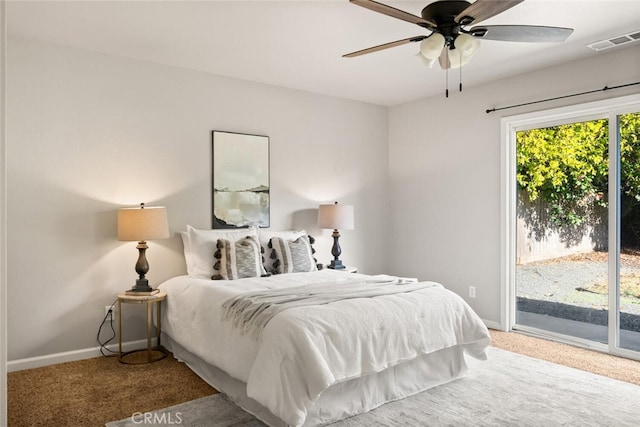 bedroom featuring access to exterior, carpet, and ceiling fan