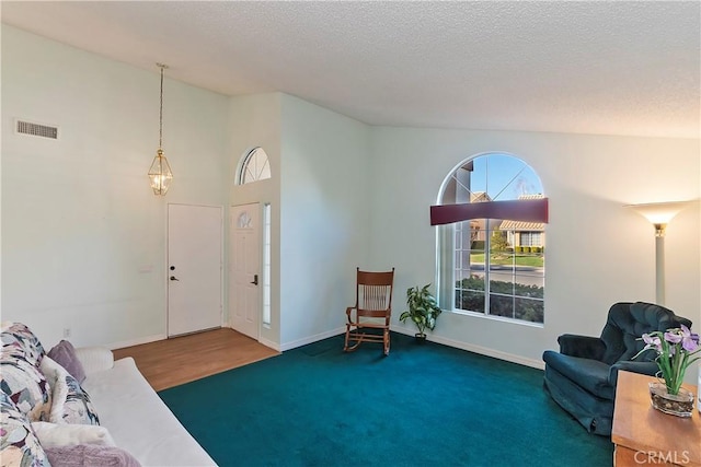 interior space with baseboards, visible vents, a textured ceiling, and carpet flooring