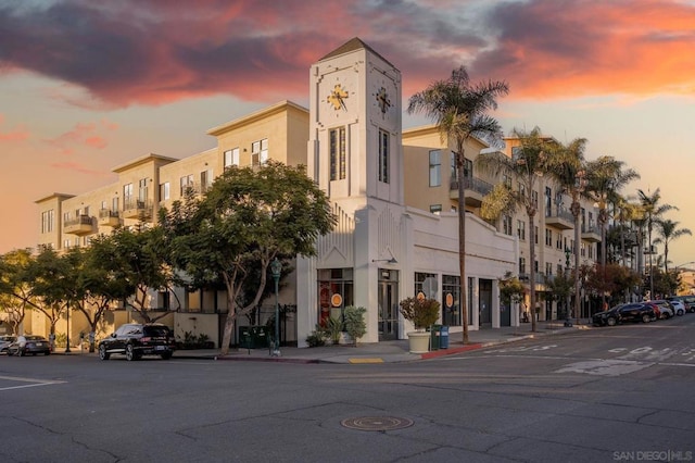 view of outdoor building at dusk