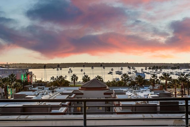 exterior space with a water view