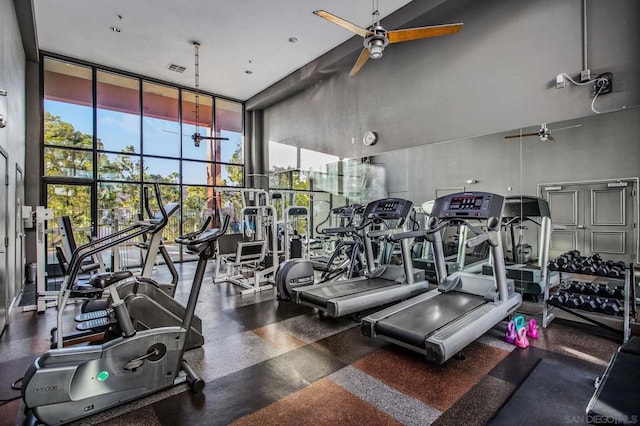 workout area with ceiling fan, a high ceiling, and floor to ceiling windows