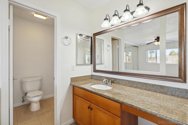 bathroom with tile patterned flooring, vanity, ceiling fan, and toilet