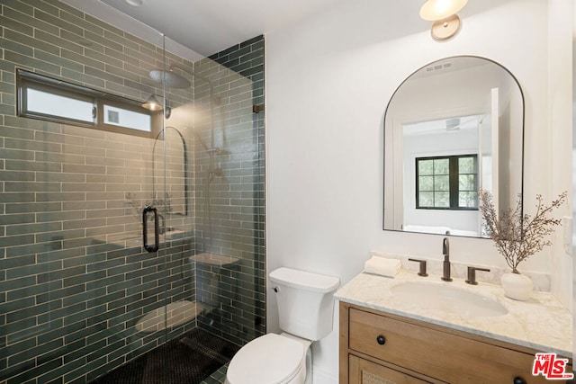 bathroom with a shower with door, vanity, and toilet