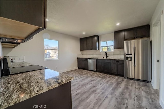 kitchen featuring sink, plenty of natural light, dark brown cabinets, and appliances with stainless steel finishes