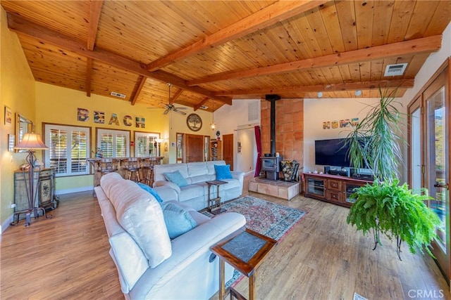 living area featuring a wood stove, wooden ceiling, visible vents, and wood finished floors