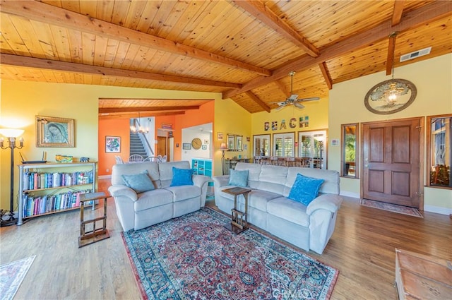 living area featuring lofted ceiling with beams, wood finished floors, wood ceiling, visible vents, and stairway