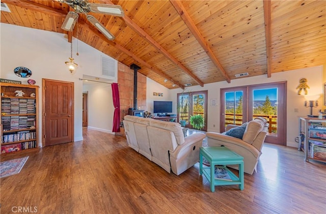 living room featuring visible vents, beam ceiling, wood finished floors, and a wood stove