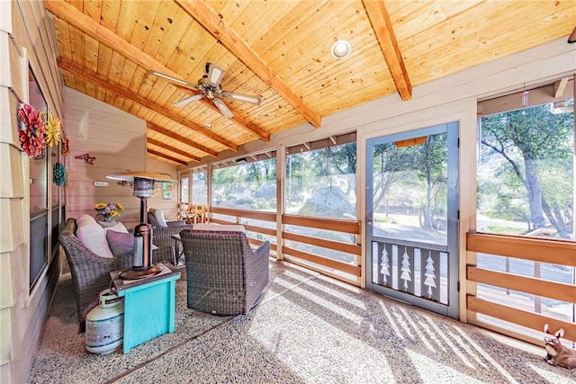 sunroom with vaulted ceiling with beams, wooden ceiling, and ceiling fan