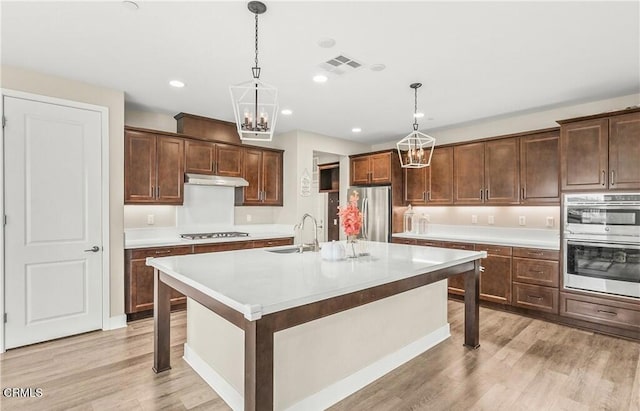 kitchen featuring pendant lighting, sink, light wood-type flooring, and stainless steel appliances