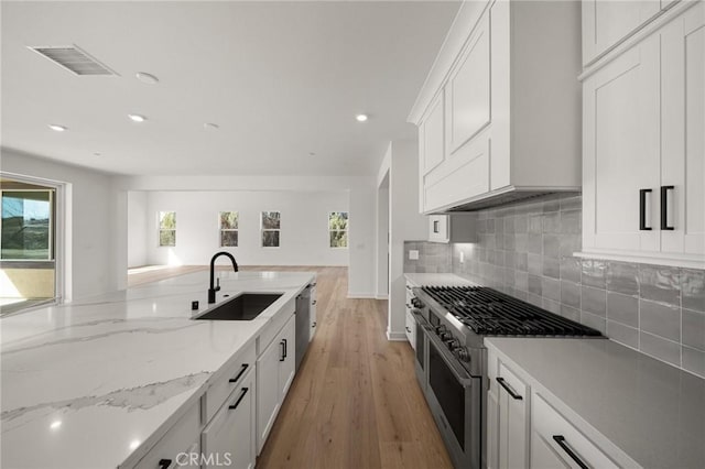 kitchen with plenty of natural light, visible vents, appliances with stainless steel finishes, premium range hood, and a sink