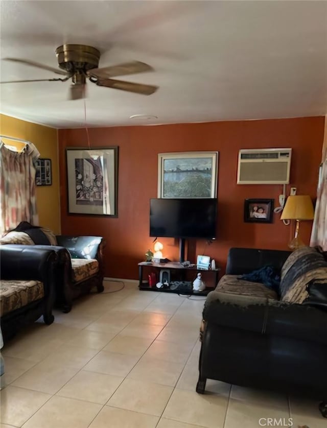 tiled bedroom featuring an AC wall unit and ceiling fan