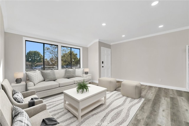 living room with hardwood / wood-style floors and ornamental molding