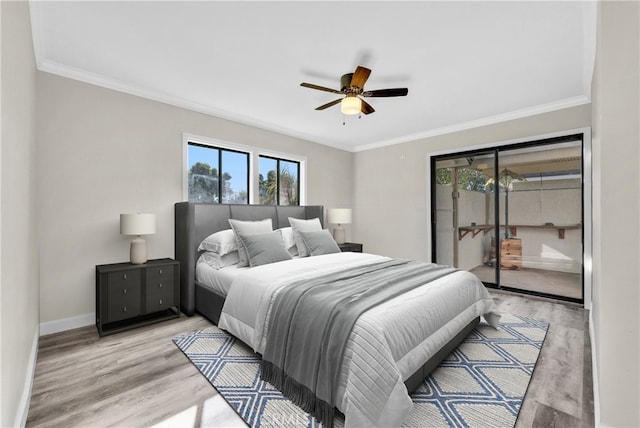 bedroom featuring access to outside, ceiling fan, crown molding, and light hardwood / wood-style floors