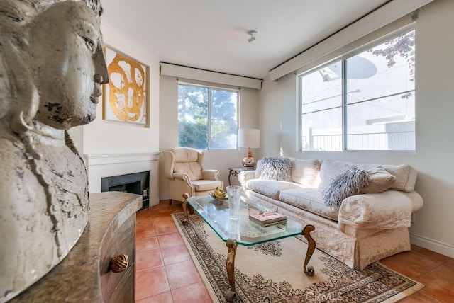 living room with tile patterned floors