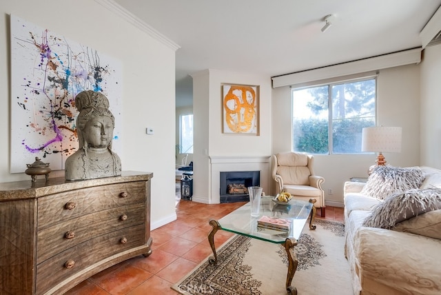 tiled living room with ornamental molding