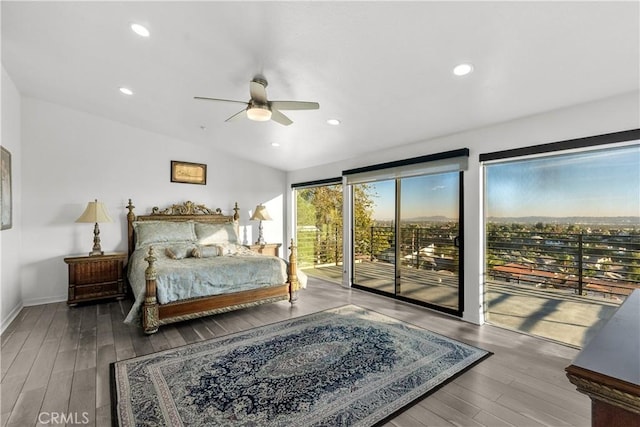 bedroom featuring access to exterior, ceiling fan, wood finished floors, and recessed lighting