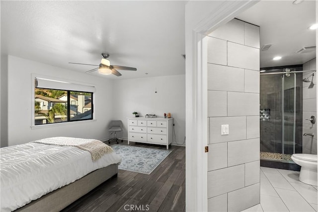 bedroom featuring visible vents, wood finished floors, a ceiling fan, and recessed lighting