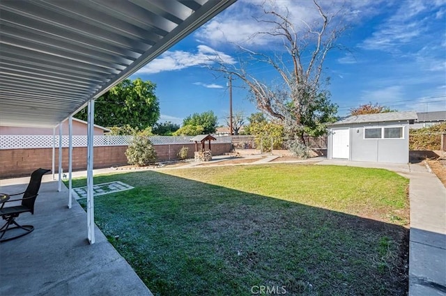 view of yard with a patio area and an outbuilding