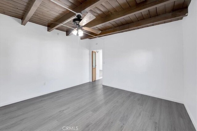 unfurnished room featuring ceiling fan, hardwood / wood-style floors, beamed ceiling, and wooden ceiling