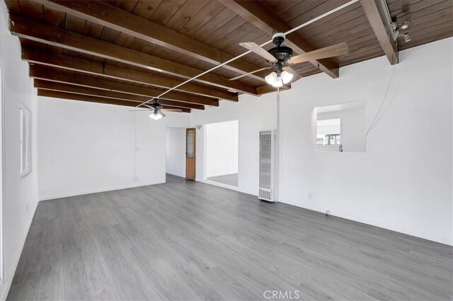 interior space featuring ceiling fan, hardwood / wood-style floors, beamed ceiling, and wood ceiling